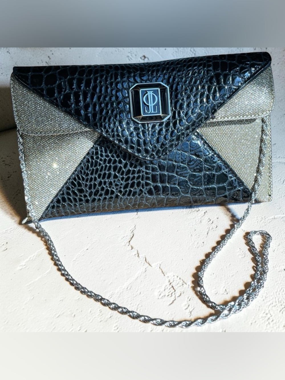 Jennifer Lopez JLo Envelope Clutch Black Croc & Metallic Evening Bag Chain